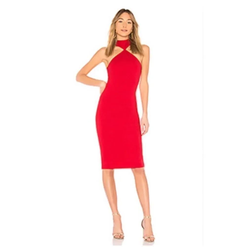 LPA Mock Neck Midi Length fitted bodycon Dress red size small new